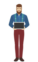 Hipster showing blank digital tablet PC