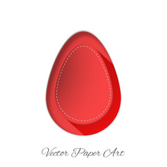 Vector icon of red paper Easter egg with stitching pattern, gray text on the red and white background.