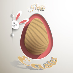 Label of brown Easter egg with a peeping bunny, shadow, line pattern and text on the gradient gray background.