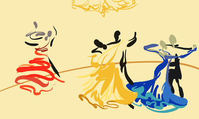 Three couples are dancing in ballroom. Simple line sketch. Classic dance. Vector.