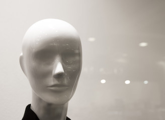 Obraz premium Female mannequin behind glass with glare