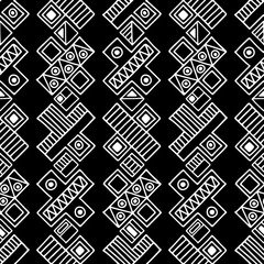 Seamless vector pattern. Black and white geometrical background with hand drawn decorative tribal elements. Print with ethnic, folk, traditional motifs. Graphic vector illustration.