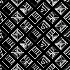 Seamless vector pattern. Black and white geometrical background with hand drawn decorative tribal elements. Print with ethnic, folk, traditional motifs. Graphic vector illustration.
