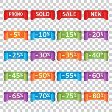 Set of colorful sale tag labels. Discount up to 5 - 80 percent. Shopping vector illustration on isolated background.
