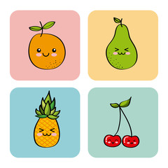 kawaii fruits icon over colorful squares and white background. vector illustration