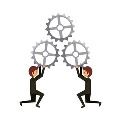 men holding a gear wheel over white background. teamwork concept. colorful design. vector illustration