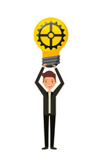 man holding a bulb light with gear icon over white background. teamwork concept. colorful design. vector illustration