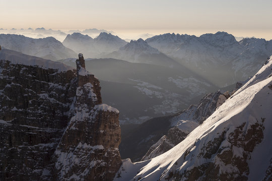 The Sentinella Pass and the "Sentinel". In the background the Friulan Dolomites, Popera group. Sexten Dolomites.  Comelico Superiore, Belluno province, veneto region, Italy, Europe