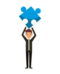 man holding a jigsaw puzzle over white background. teamwork concept. colorful design. vector illustration