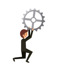 man holding a gear wheel over white background. teamwork concept. colorful design. vector illustration