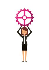 woman holding a gear wheel over white background. teamwork concept. colorful design. vector illustration