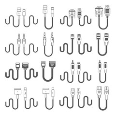 Electric plug, connectors and jack flat line icons set. Collection Connection technology, connector electric power, mobile devices connect, wire and socket