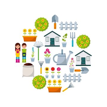 gardening icons on circle shape over white background. colorful design. vector illustration