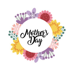 happy mother's day card with beautiful  wreath of flowers over white background. colorful design. vector illustration