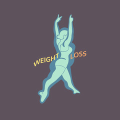 Weight loss icon. Woman Body challenge program concept. Freehand drawn cartoon retro style. Vector losing fat female. Active lifestyle emblem. Fitness logo element. Sport training banner background