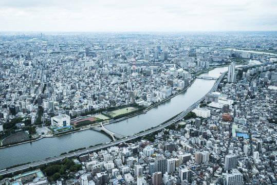 River and Tokyo cityscape, Japan