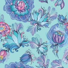 Fototapeta na wymiar Turquoise Floral Lotus and Peony Vector Pattern