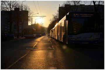ulica przy zachodzącym słońcu z autobusami © radekczaja