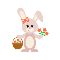 cartoon bunny girl with a basket and flowers set