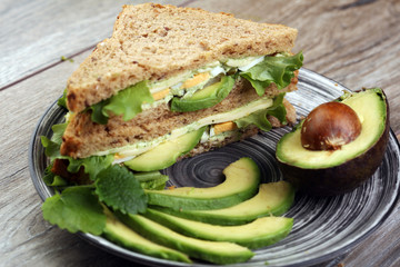 Sandwich with avocado and poached egg - healthy breakfast concept