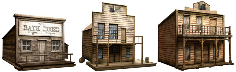 Wild west buildings 3D illustration - obrazy, fototapety, plakaty
