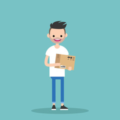 Young bearded man holding a parcel / editable vector cartoon clip art