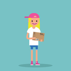 Young blonde girl holding a parcel / editable vector cartoon clip art