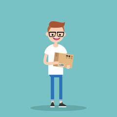 Young nerd holding a parcel / editable vector cartoon clip art