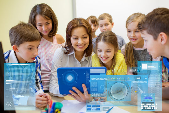 group of kids with teacher and tablet pc at school