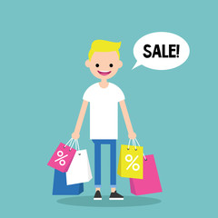 Sale conceptual illustration. Young trendy blond boy holding shopping bags / flat editable vector illustration