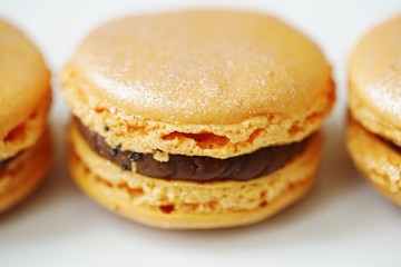 Colorful round macaron cookies with gold dust on a white platter