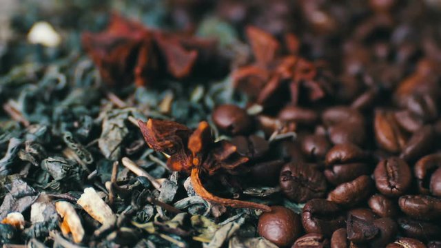 Green tea leaves and coffee beans Anise and sticks cinnamon close up rotation