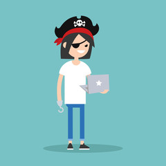 Cyber piracy. Conceptual illustration. Young brunette girl wearing pirate outfit and holding a laptop / editable flat vector illustration, clip art