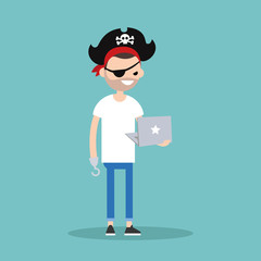 Cyber piracy. Conceptual illustration. Young bearded man wearing pirate outfit and holding a laptop / editable flat vector illustration, clip art