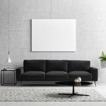 Mock up poster, black and white concept living room, 3d illustration