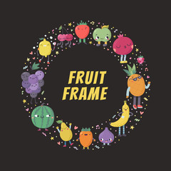 Cute cartoon fruits circle frame illustration.