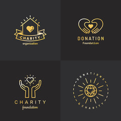 Donations and charity gold logo vintage vector set. Part one.