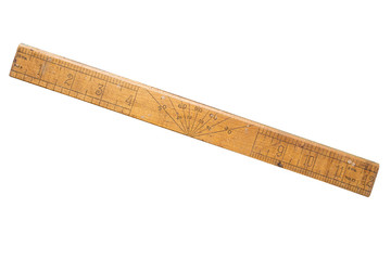 Wooden old school ruler, inches. Isolated on white.