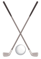 golf ball and two golf clubs crossed isolated on a white background