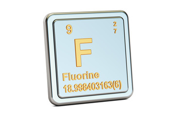 Fluorine F, chemical element sign. 3D rendering