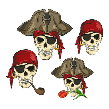 Four skulls of pirates, isolated on white background. Vector illustration