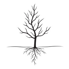 Black Tree with roots. Vector Illustration.