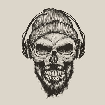 skull listening a music in headphones