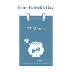 Cute vector illustration: calendar with a pot full of gold coins and clover for St. Patrick's Day.