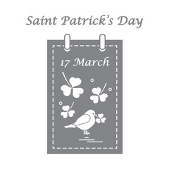 Cute vector illustration: calendar with bird and clover for St. Patrick's Day.