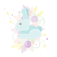 Card Happy Easter with abstract rabbit in pastel colors. Funny blue bunny in floral background.