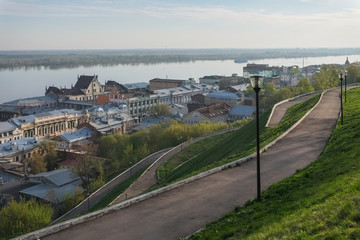 Fototapeta na wymiar A city landscape with a rive in the spring morning. Nizhny Novgorod, Russia