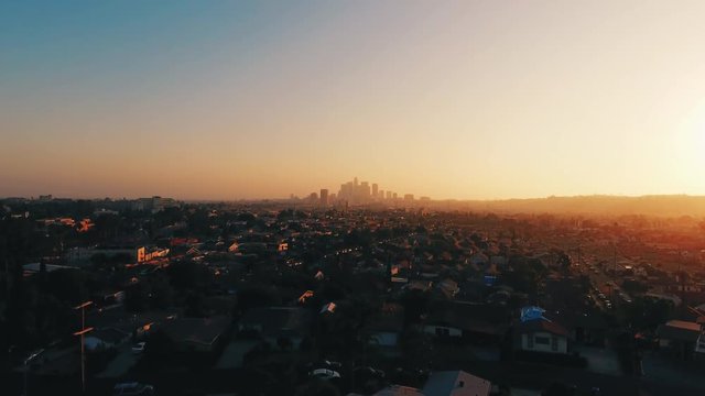 Wide, Los Angeles skyline at sunset