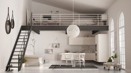Fototapeta na wymiar Scandinavian minimalist loft, one-room apartment with white kitchen, living and bedroom, classic interior design