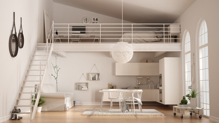 Scandinavian minimalist loft, one-room apartment with white kitchen, living and bedroom, classic interior design